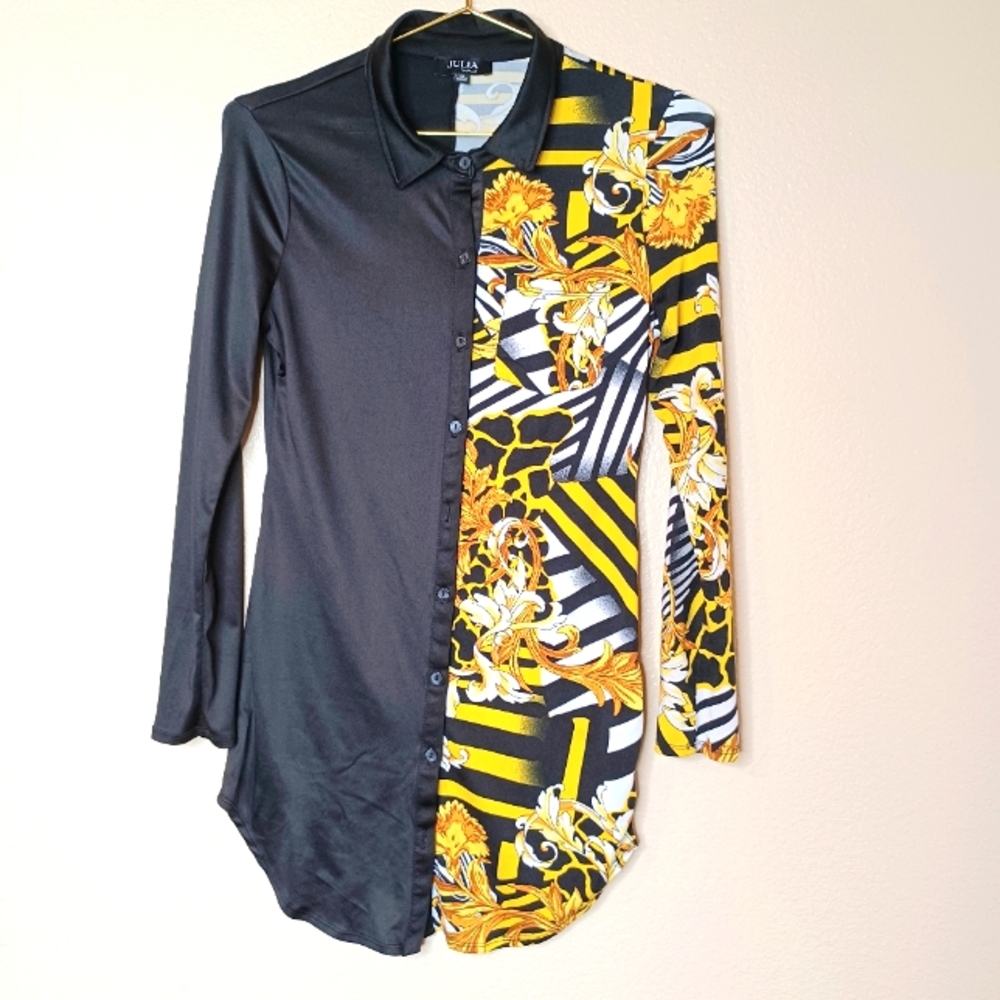 Julia by Love J Black Gold Womens Medium Fashion Print LongSleeve Button Up Top
